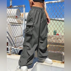 Flap Pocket Drawstring Waist Wide Leg Cargo Pants